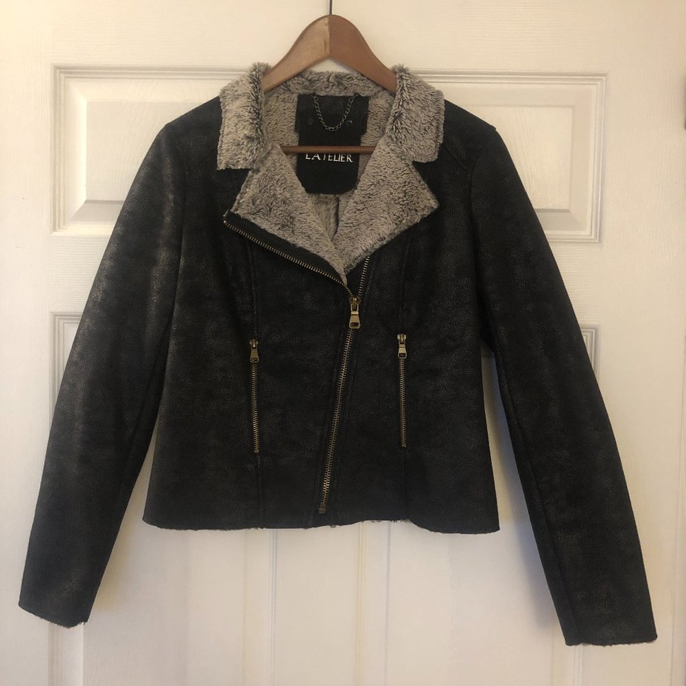 EUC - L'ATELIER sz SMALL Faux Suede Fur lined MOTO Jacket Sz S 103429 B22